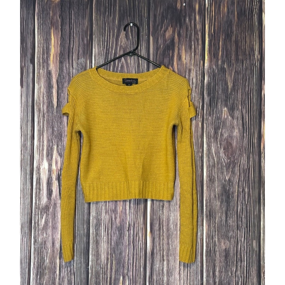 Serendipity by Victoria Sweater Top Womens M Mustard Yellow Cutout Sleeve Knit